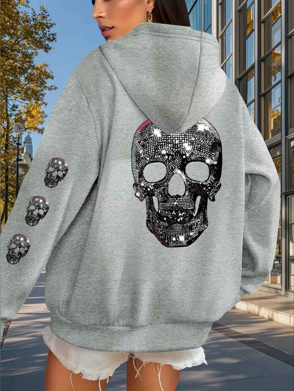 Women's Skull Pattern Printed Casual Fleece-Lined Pullover Hoodie in Gray Sz XXL - Picture 13 of 13